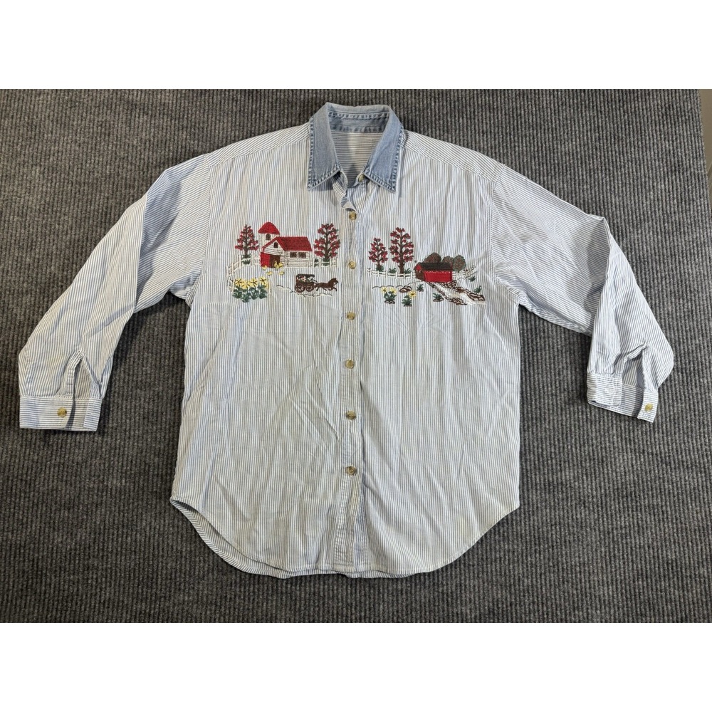 Women's Striped Embroidered Button-Up Blouse Blue White Long‎ Sleeve L